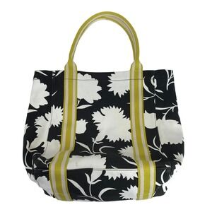 Black White Floral Canvas Tote Bag Yellow Stripe Shoulder Bag Handles Ao907